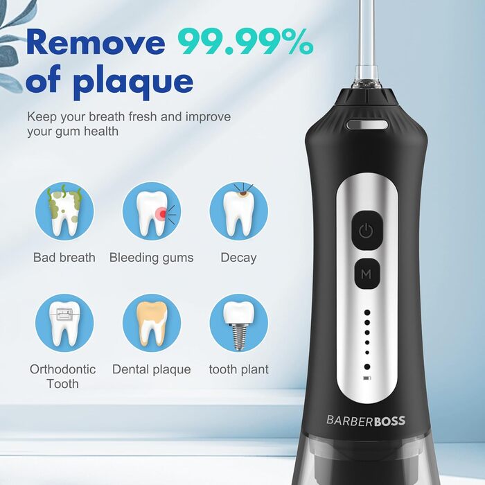 Портативний іригатор для ротової порожнини, USB-перезаряджуваний, з 5 рівнями тиску, 6 насадками, резервуаром на 300 мл, водонепроникний та бездротовий, для домашнього використання та подорожей