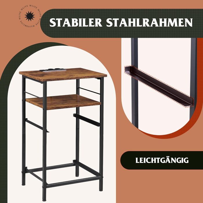 Приліжкова тумба WLIVE з функцією зарядки, бічний столик з 2 USB-портами та 2 розетками, 3-ярусна тумба для спальні, вітальні, офісу (колір рустик-коричневий)