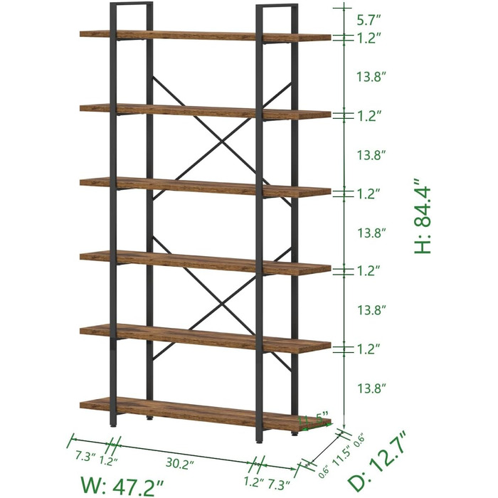 Дерев&39яна книжкова полиця HSH, 6-ярусна окремостояча полиця, промисловий дизайн офісної полиці, відкриті полиці для вітальні, офісу, спальні, кухні, рустикальний коричневий колір, 120 x 32 x 216 см, 6 ярусів