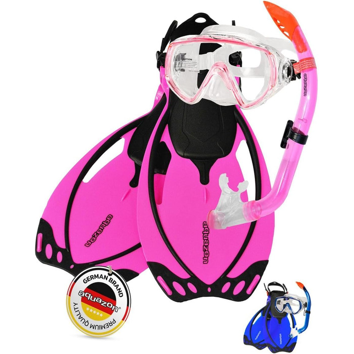 Набір для сноркелінгу AQUAZON Miami, набір для плавання, набір для дайвінгу, маска для дайвінгу з загартованими лінзами проти запотівання, силікон, напівсухий сноркель, регульовані ласти для дітей, темно-синій, розмір 27/31