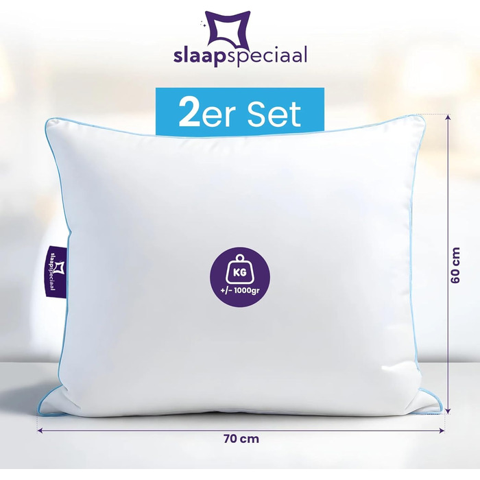 Подушка 60x70 см - Бавовняний чохол для подушки Комплект з 2 шт., Ергономічна подушка для сну середньої жорсткості Підтримує голову та шию - Активна циркуляція повітря 70 x 60 см