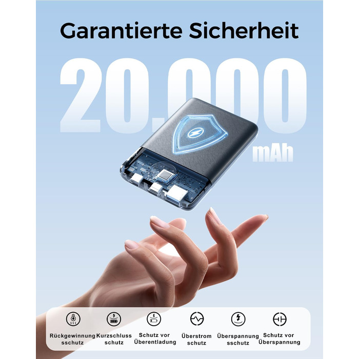 Зовнішній зарядний пристрій, міні-зовнішній зарядний пристрій 22,5 Вт 20000 мАг (вхід та вихід USB-C), зовнішній акумулятор для мобільних телефонів PD 3.0 QC 3.0 зі світлодіодним дисплеєм, сумісний з iPhone 16 15 14 13 чорний 20000 мАг