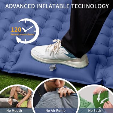 Килимок для кемпінгу для 2 осіб, 200x135 см, надлегкий, надувний матрац, килимок для сну з ножним насосом, складний килимок для сну з подушкою, темно-синій, двоспальний