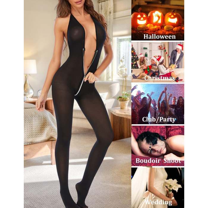 Жіночий сітчастий бодістокінг, з блискавкою, чорний, глибокий V-виріз