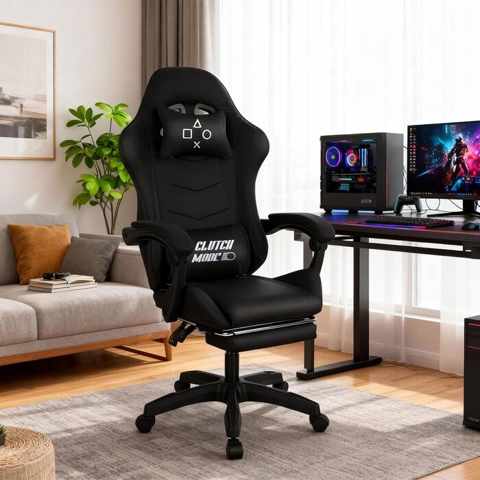 Ергономічне ігрове крісло FRANKYSTAR Clutch з поперековою подушкою, підголівником та підставкою для ніг з ПВХ, чорного кольору