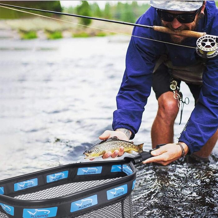 Плаваюча рибальська сітка PLUSINNO для лову лосося, нахлистової риби, каяка, сома, окуня, форелі. Гумований підсак для легкого вилову та випуску. Компактний та складний для зручного транспортування. Розмір шини 30 см (телескопічна штанга).