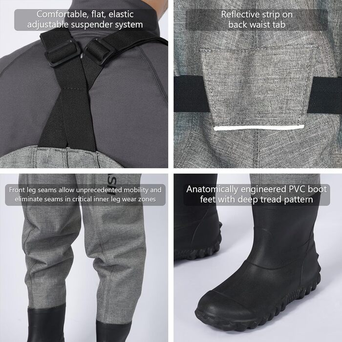 Вейдерси Bassdash 3D Angler&39s, надміцні чорні картаті нейлонові ПВХ рибальські мисливські вейдерси для чоловіків, сірі, XL, довгі 11-12 футів