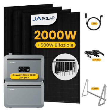 Універсальна балконна електростанція потужністю 2000 Вт з накопичувачем 4096 Втгод, Growatt NEXA 2000 з 1 розширювальним акумулятором, 4 сонячними панелями по 500 Вт з кріпленням на балконних гаках, повним комплектом аксесуарів, plug & play (0 ПДВ)
