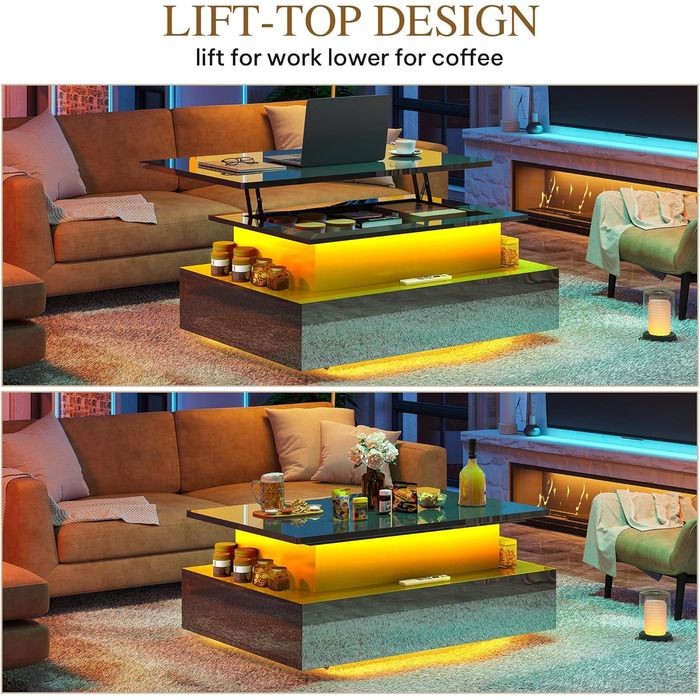 Журнальний столик з регульованою висотою, глянцевий стіл для вітальні з підйомною стільницею, сучасний диванний столик з 16-кольоровим світлодіодним підсвічуванням та 2 шухлядами