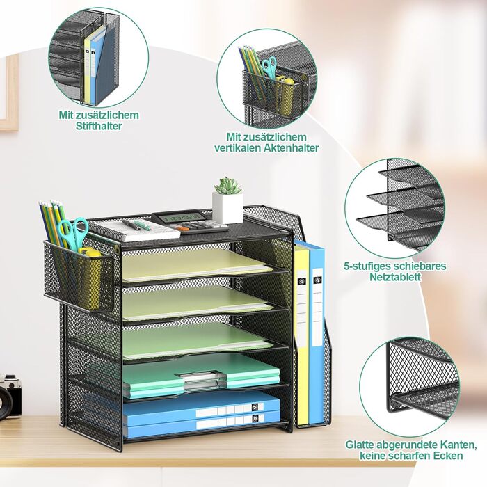 Настільний органайзер OUTWOLF з тримачем для файлів, 6-ярусні лотки для листів з 1 вертикальним відділенням, 1 тримач для ручок, сітчастий настільний органайзер, тримач для журналів та офісного приладдя, зберігання документів, чорний