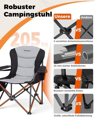 Крісло для кемпінгу KingCamp, складне, міцне, для дорослих, висота 205 кг, складні кемпінгові крісла, з регульованою поперековою опорою, сумкою-холодильником та підлокітниками, висока спинка, садове крісло, риболовля M - чорний сучасний