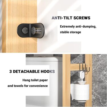 Для туалету, 3-рівнева бамбукова полиця для ванної кімнати з 3 гачками, над унітазом полиця-органайзер, окремостояча, для невеликих приміщень, туалету, пральні, легка збірка, натуральний матеріал