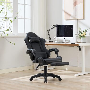 Ергономічне шкіряне ігрове крісло з поворотом на 360, регульоване по висоті офісне крісло з підставкою для ніг, підголівником та поперековою опорою, гоночний дизайн, для офісу та ігор, чорне, 64,5x52x116,5 см