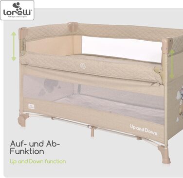 Дитяче ліжечко Lorelli 3-в-1, приліжкове ліжечко та манеж, що розкладається вгору та вниз, 2-рівневе дитяче ліжко з боковим входом та складною бічною панеллю, дитяче дорожнє ліжечко, бежево-коричневий колір