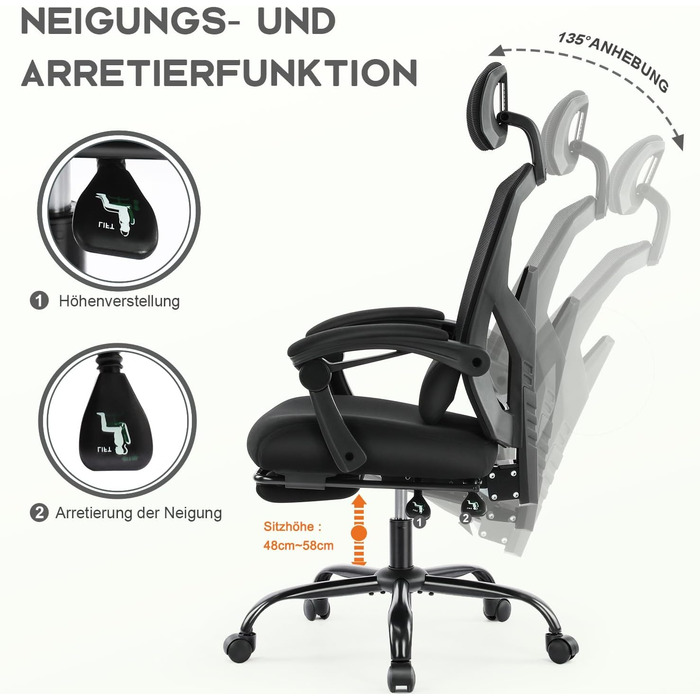 Ергономічне офісне крісло DUMOS, письмове крісло зі зручними підлокітниками, оснащене зручною поперековою опорою та підставкою для ніг, підходить для домашнього використання, C-3509-Чорний, 26 x 39 x 50,75 дюймів