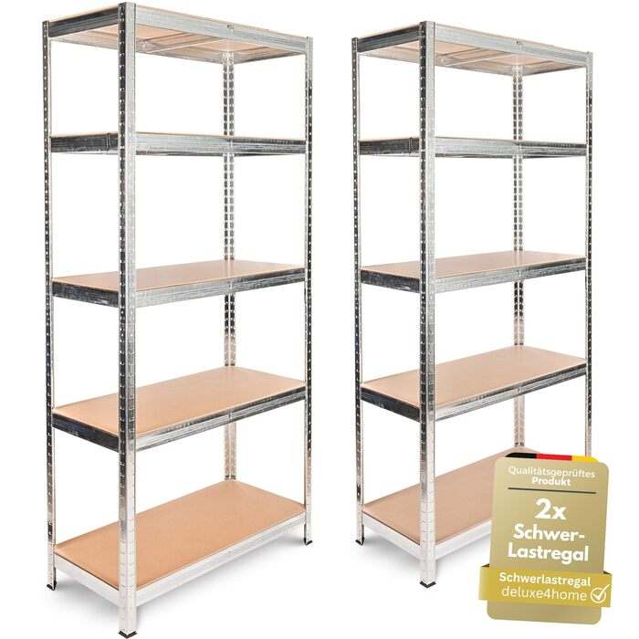 Комплект із 2 міцних стелажів, сріблястий Оцинковані стелажі для підвалу 40x90x180 см Стелажі для зберігання, кожен вантажопідйомністю до 875 кг Сталевий стелаж зі сталевим каркасом та регульованими полицями