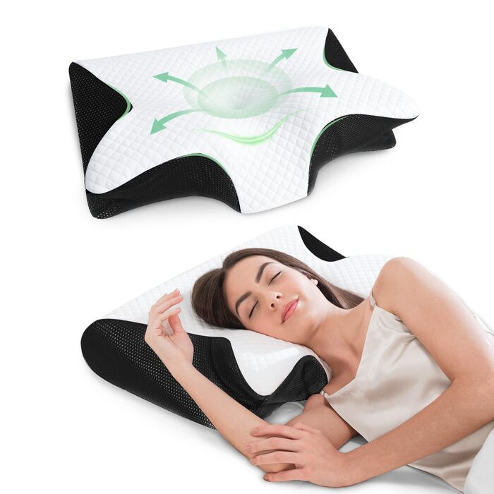Подушка для шиї, подушка для голови, подушка з піни з ефектом пам&39яті, ергономічна подушка для підтримки шиї 2 в 1 для сну на спині, боці та животі, 60x40x12/14 см (чорна)