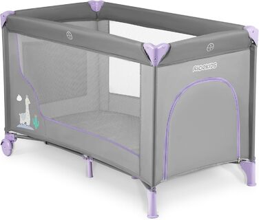 Дитяче ліжечко Ricokids з матрацом 125 x 65 x 78 см, дорожнє ліжечко, вагою до 15 кг, 2 колеса з гальмами, знімний бічний вхід, сумка для перенесення, складна, компактна, світло-сіра, лавандова