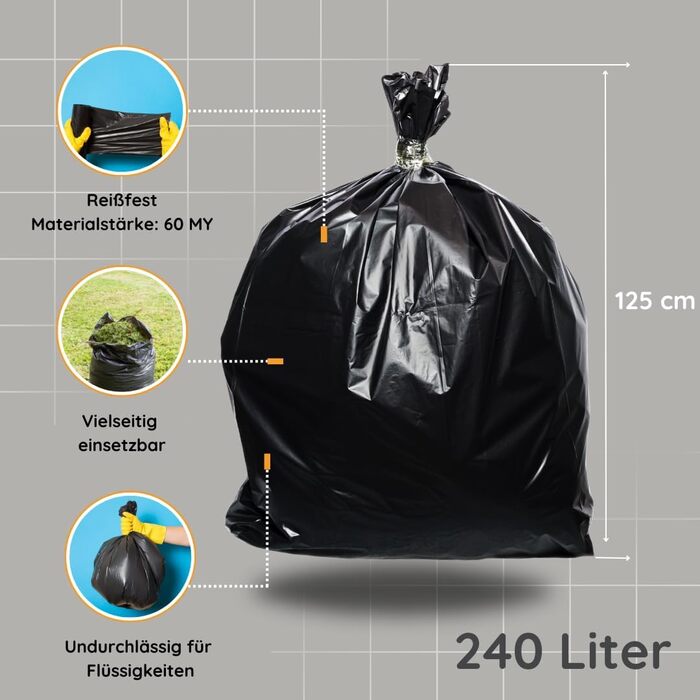 Літрові надзвичайно міцні та стійкі до розривів сміттєві мішки, товщиною 60 мкм. Міцні сміттєві мішки об&39ємом 240 літрів для дому, саду, промисловості та громадського харчування (6 рулонів)., 240-