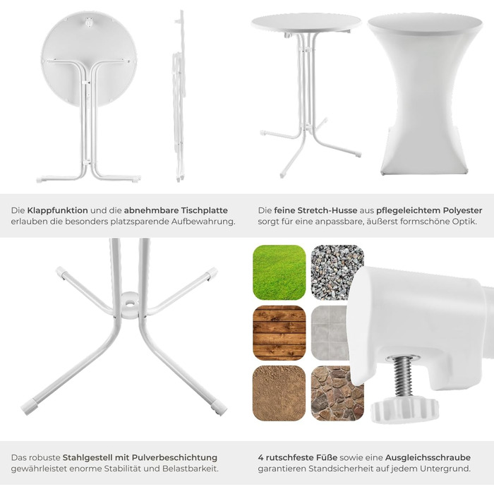 Розкладний стоячий стіл, бістро-стіл з кришкою, стіл Ø80 см, стоячий стіл зі стільницею з МДФ, розкладний садовий стіл, розкладний стіл, круглий, сталевий каркас, стабільний та міцний - білий, 1 стоячий стіл 1 стоячий стіл білий