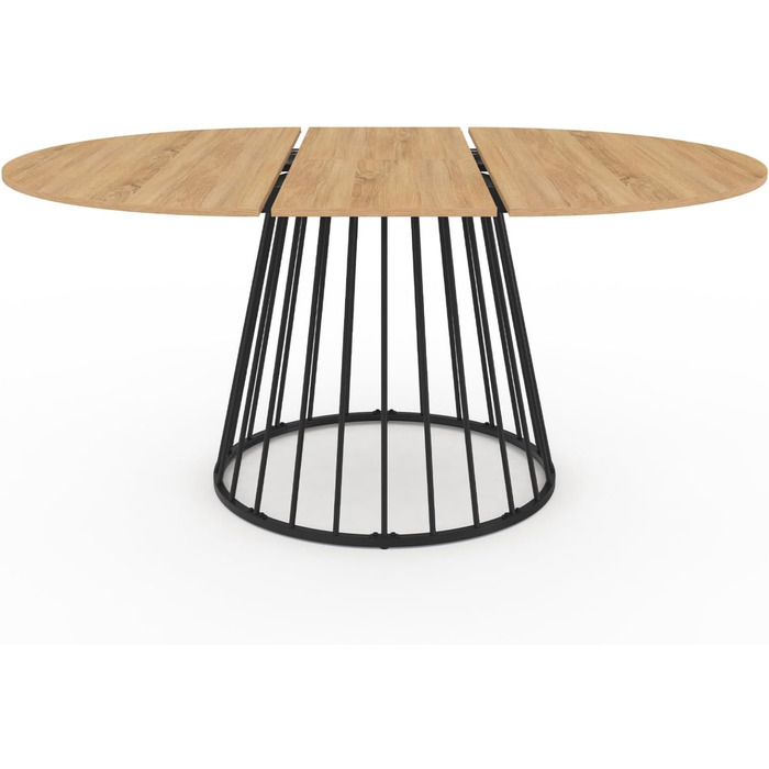 Круглий розкладний обідній стіл для 4-8 осіб, дерев&39яна стільниця та чорні металеві дротяні ніжки, 110-150 см