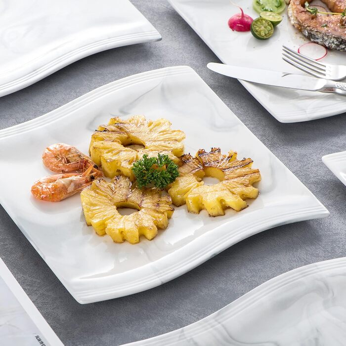 Серія Флора, 6 предметів Набір мармурових порцелянових плоских тарілок Обідня тарілка Обідня тарілка 10,25 дюйма / 26x27x2,5 см дл