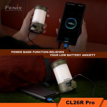 Ліхтар для кемпінгу Fenix CL26R Pro LED зовнішній акумулятор, макс. 650 люмен, біле та червоне світло, акумулятор 5000 мАг, заряджання через USB-C, оливково-зелений корпус.