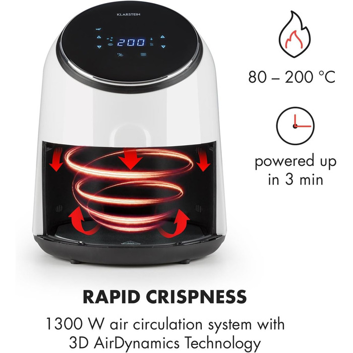 Фритюрниця, фритюрниця, аерофритюрниця, 1300 Вт, ємність 2,5 л, смаження без жиру, випічка, гриль, смаження, 8 програм, антипригарне покриття CeraPlus, білий