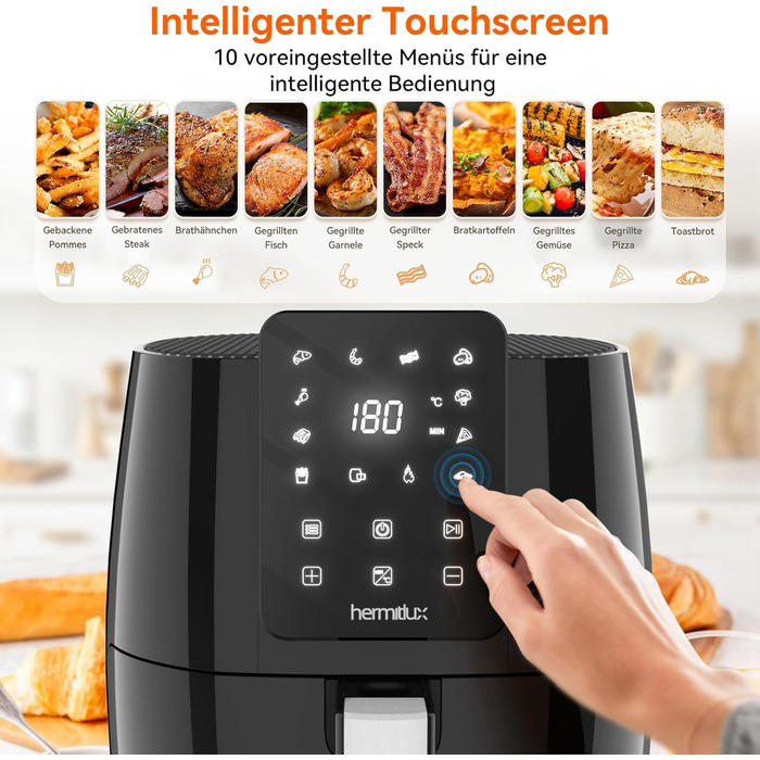 Фритюрниця Hermitlux 5.5 л XXL, 10 програм фритюрниці з цифровим світлодіодним сенсорним екраном, фритюрниця з гарячим повітрям без олії, попередній нагрів і підтримання тепла, з рецептом, 1500 Вт можна мити в посудомийній машині