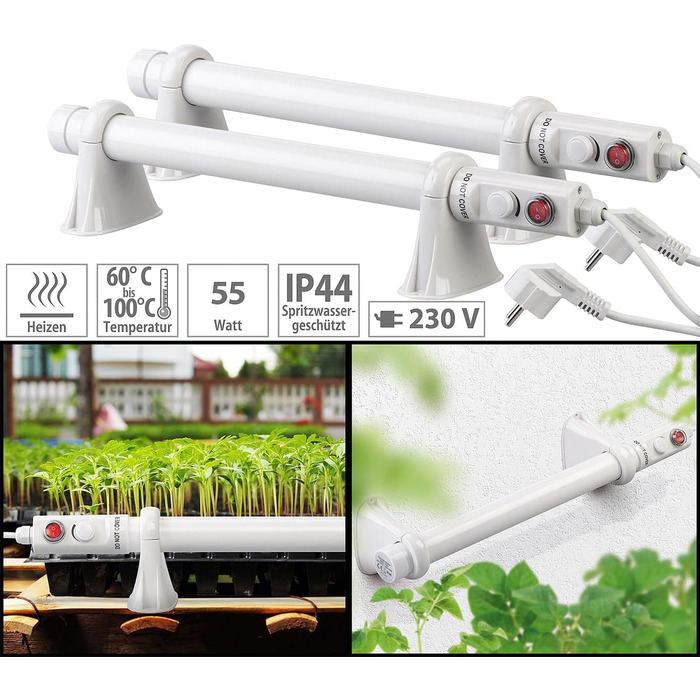 Комплект із 2 електричних стрижневих обігрівачів для теплиць, 55 Вт, 51 см, IP44 (нагрівальний стрижень, захист від замерзання з термостатом, зимовий захист)