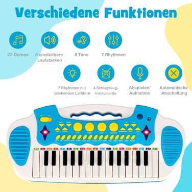 Дитяча клавіатура COSTWAY з 31 клавішею, портативний музичний інструмент з декількома звуками та світловими ефектами, регульованим мікрофоном та стільчиком, миле іграшкове піаніно для дітей віком від 3 років (синє)