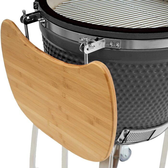 Гриль камадо Ø 52 см KURO, сірий вугільний гриль з бамбуковою полицею, термометром, дерев'яною ручкою, коліщатками керамічний грил