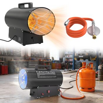 Газовий обігрівач UISEBRT, 30 кВт, газовий вентилятор з термостатом, генератор гарячого повітря, чорний (220-240 В, пропанові/бутанові балони, з редукційним клапаном та газовим шлангом) 30 кВт чорного кольору