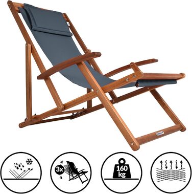 Дерев&39яний шезлонг Casaria, водонепроникний, складаний, регульований, вантажопідйомність 160 кг, підлокітники, подушка для шиї, садовий/балконний шезлонг, акацієве дерево, 94x94x60 см, антрацит