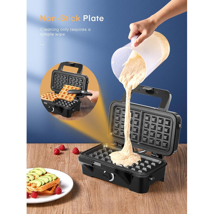 Сендвіч-машина HOUSNAT 3 в 1 - вафельниця, контактний гриль, сендвіч-машина - 1200 Вт з 5-швидкісним регулюванням температури - для бельгійських вафель - Антипригарне покриття - ідеально підходить для сніданку, кемпінгу та багато іншого Чорний