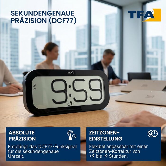 Бездротовий настінний годинник TFA Dostmann Bim Bam (60.4514.01) з 5 варіантами сигналів, функціями настільного годинника та будильника, регулюванням гучності, великим дисплеєм та 24-годинним форматом, чорний
