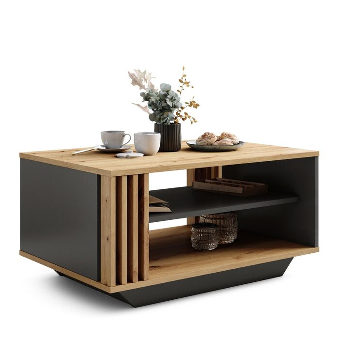 Журнальний столик Viosimc, стіл для вітальні з сучасними ламелями, сучасний та стильний прямокутний журнальний столик з полицею, стильне доповнення до будь-якої вітальні дуб Artisan та антрацит Artisan Anthracite