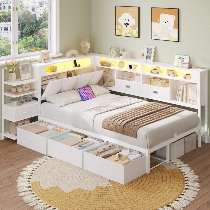 Дитяче ліжко DICTAC 90x200 з 6 шухлядами, світлодіодним освітленням та зарядною станцією Багатофункціональне ліжко з мяким узголівям, вбудованою тумбочкою та прихованим місцем для зберігання в узголівї (біле)
