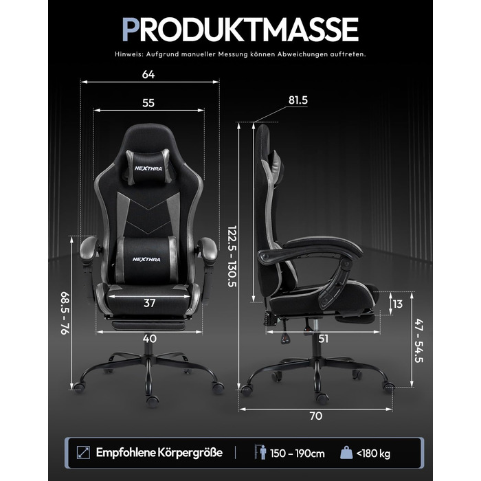 Ігрове крісло Nexthra, офісне крісло, ігрове крісло з регульованими по висоті підлокітниками, ергономічне ігрове крісло з підставкою для ніг, м&39яке ігрове крісло, кут нахилу 150, до 180 кг, чорне, регульоване