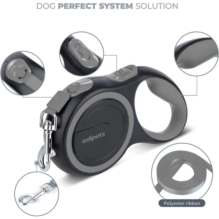 Поводок-рулетка Edipets для собак, розсувний, 3, 5 та 8 метрів, гнучкий стрічковий, для прогулянок праворуч (Сірий, 8 метрів)