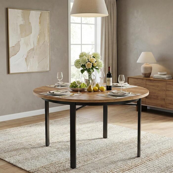 Круглий обідній стіл Lailang 120 см, дерев&39яний обідній стіл, для 4-6 осіб з металевими ніжками, стільниця з МДФ, дерев&39яного композиту, 118,5 x 118,5 x 76 см, коричневий, для їдальні та кухні