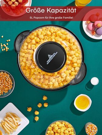 Машина для попкорну FOHERE, 5.5-літрова машина для дому, машина для попкорну з цукром, олією, маслом, антипригарним покриттям і знімною нагрівальною поверхнею, тиша та швидкість, велика кришка як миска для подачі червона