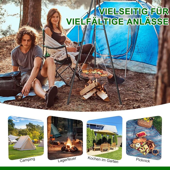 Мангал тринога з регульованою висотою та решіткою 48 см - для пікніків, барбекю, кемпінгу - чорний. Без жаровні.