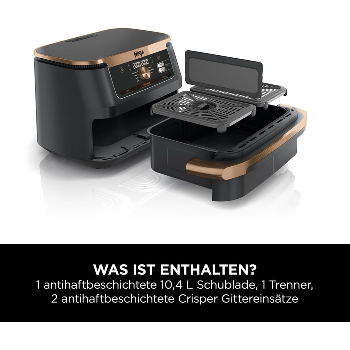 Двозонна фритюрниця Ninja Foodi FlexDrawer, фритюрниця з 10.4 відсіками та знімною перегородкою, антипригарне покриття, кошик для