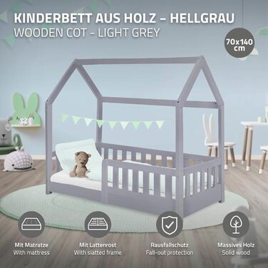 Дитяче ліжко ML-Design 70x140 см світло-сірого кольору з матрацом, поручнями, дахом та рейковою основою, ліжко-будиночок для дівчаток та хлопчиків, ліжко-будиночок із сосни, ігрове ліжко, підлогове ліжко, дитяче ліжко, дерев&39яне ліжко-будиночок 70 x 140