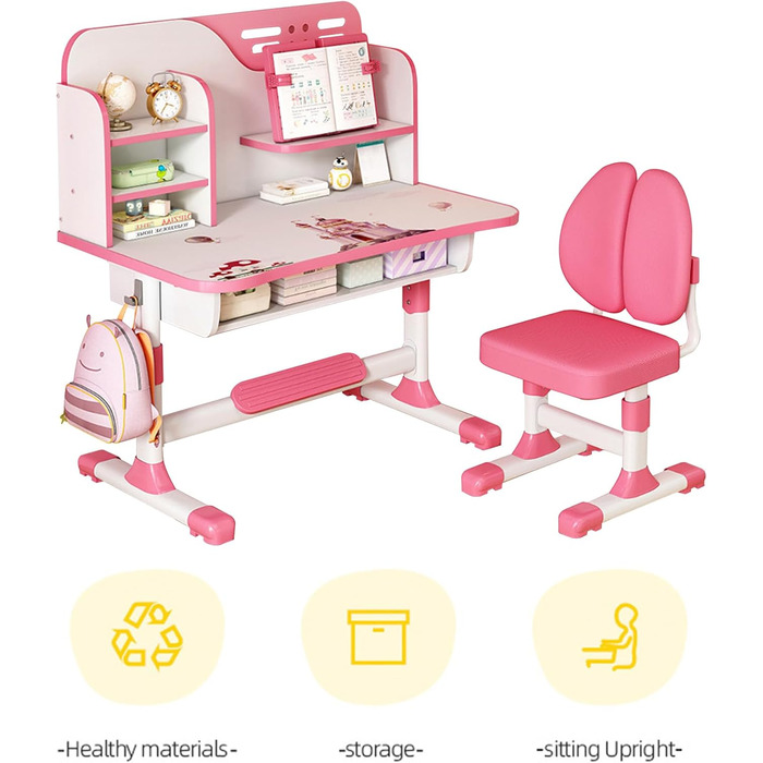 Дитячі стільці та парти Hislaves, регульоване по висоті навчальне крісло з мотивом астронавта, ергономічне офісне крісло з великим письмовим планшетом, полицею та шухлядою (рожеве)