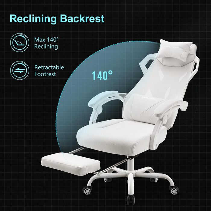 Ергономічне офісне крісло GTPLAYER, стілець для роботи, ігрове крісло, обертове крісло, регульована поперекова підтримка, підголівник, крісло для керівника з підлокітниками, що з&39єднуються, безшумні колеса, білий колір