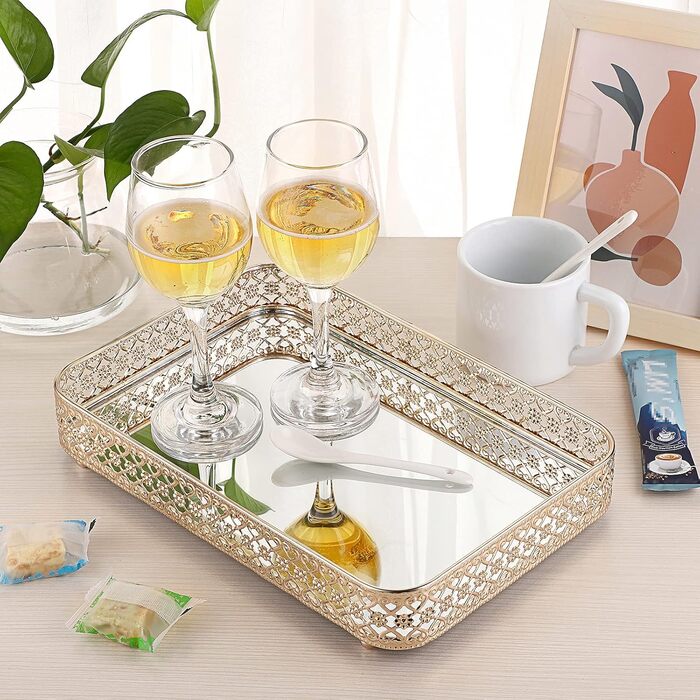Піднос для парфумів ELLDOO, піднос із дзеркалом, піднос для макіяжу, різьблений піднос для ювелірних виробів, скло, метал, піднос для зберігання ювелірних виробів, органайзер для дому, золотий, середній розмір золото, срібло 30 x 20,1 x 5,1 см