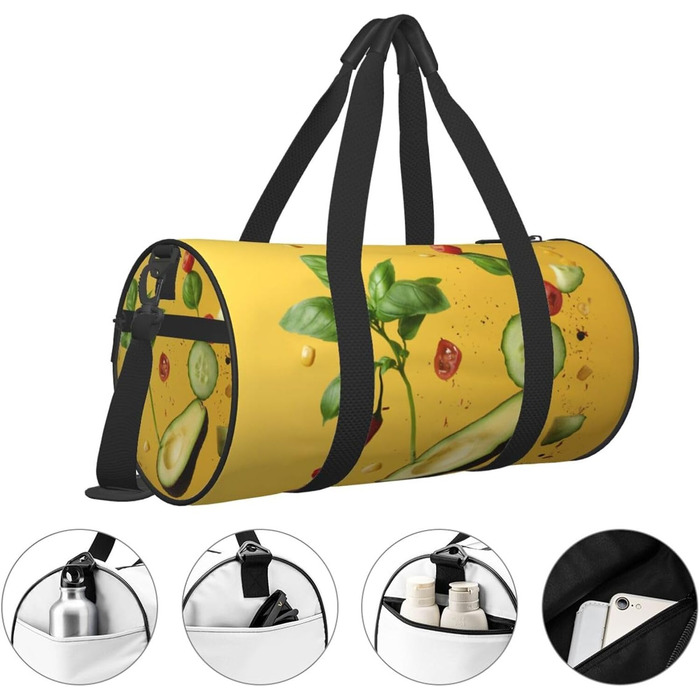 Спортивна сумка для подорожей, дизайн авокадо на помаранчевому фоні, чорний колір, універсальний розмір