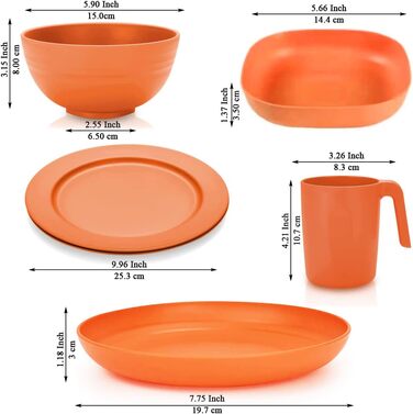 Набір пластикового посуду Kyraton, 20 предметів, небиткі легкі тарілки, чашки, миски, кемпінговий посуд, легко переносити та мити, можна мити в посудомийній машині, для 4 осіб, 1 різнокольоровий